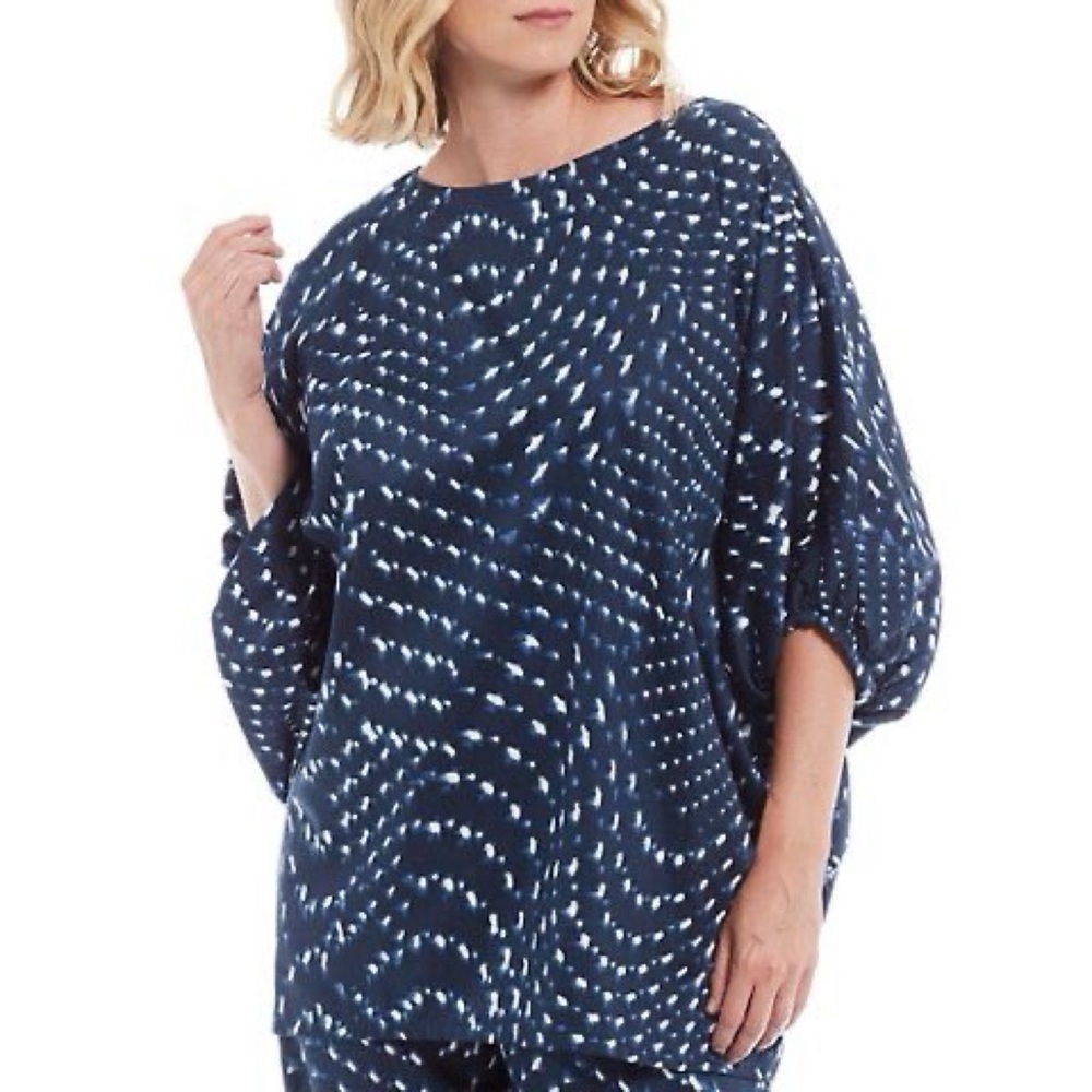 BRYN WALKER BLUE READY FOR ANTIGUA ITALIAN PRINT COTTON WILDER TUNIC TOP SZ M